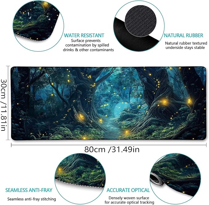 LIMKRIAN Firefly Forest Mouse Pad Large Desk Mat, Extra Large Gaming Computer Mousepad with Stitched Edges Non-Slip, Keyboard Mouse Pad for Desktop Cute Aesthetics Home Office Desk Accessories 31.5in