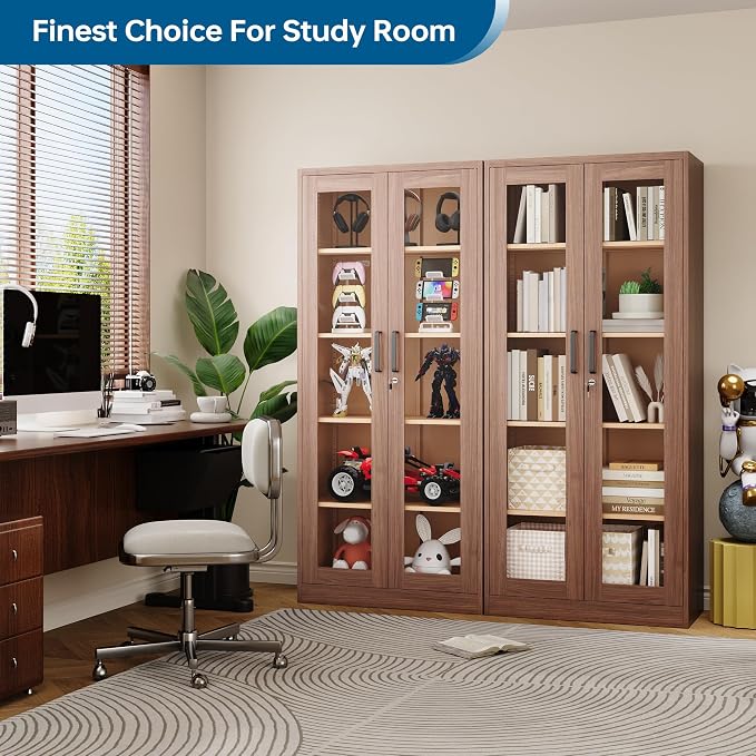 PEUKC Display Cabinet with Glass Doors, 71 Inches Metal Display Case with 4 Adjustable Shelves, Curio Storage Cabinet with Lock for Home, Office, Book, Pantry, Assemble Required (Wood Color)
