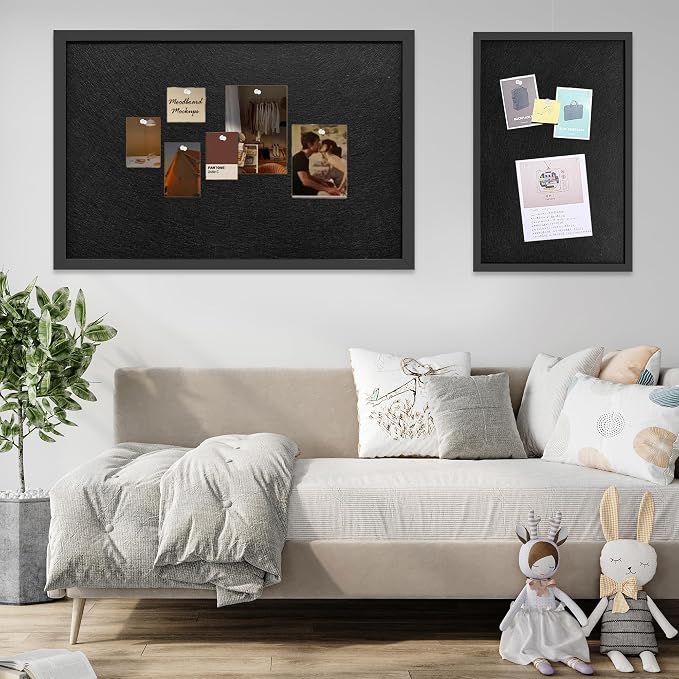 17"x23" Black Framed Black Linen Bulletin Board, Pin Board | Linen corkboard texture. Premium cork boards for walls and pin board office organizer.