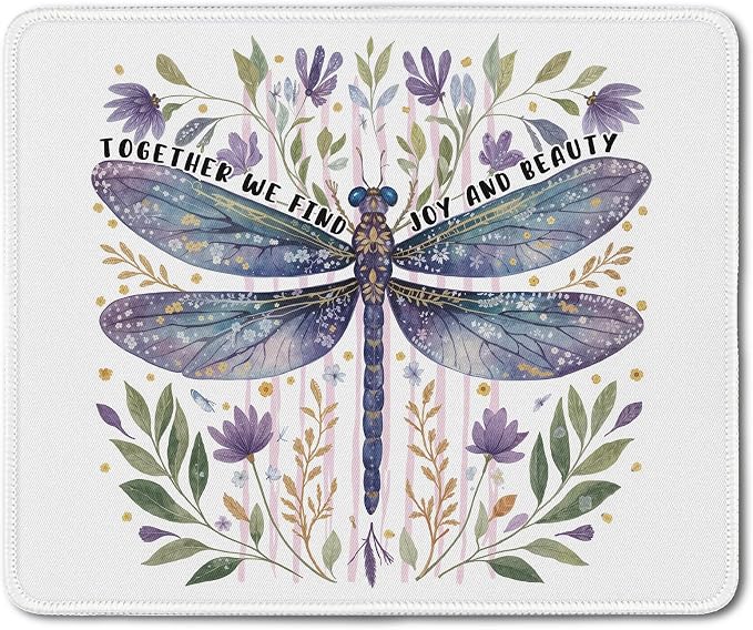 Floral Dragonfly Mouse Pad, Inspirational Together We Find Joy and Beauty Mouse Pads Mousepad for Desk Home Office Dorm Computers Laptop, Aesthetic Office Supplies Desk Accessories, 9.5x7.9 Inch