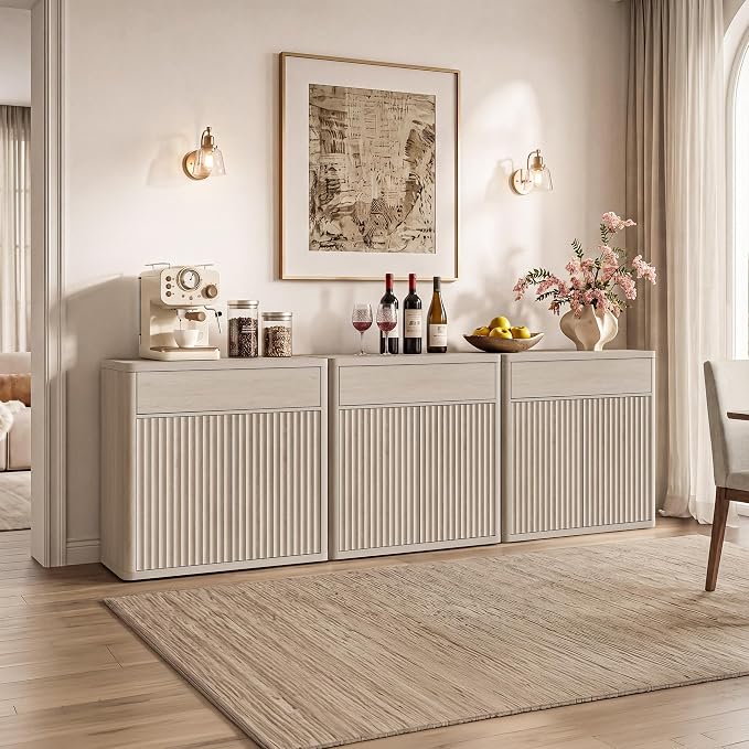 SICOTAS Buffet Cabinet with Storage - Accent Fluted Storage Cabinet with 2 Doors & 1 Drawer 34.6" Wide Modern Sideboard Credenza Large Buffet Table for Living Room Kitchen Dining Room Entryway Office