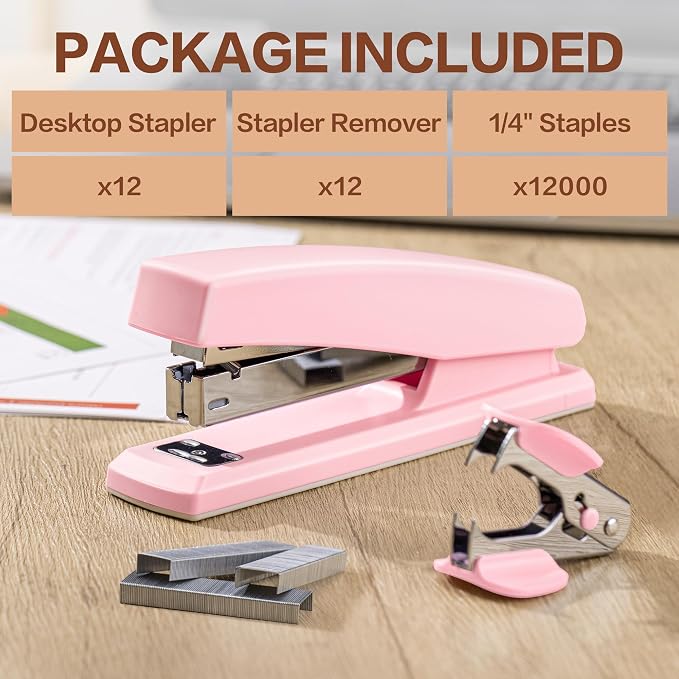 Deli Stapler, 12 Pack Staplers, 12000 Staples and 12 Staple Removers, Pink | Staplers for Desk, 25 Sheet Capacity