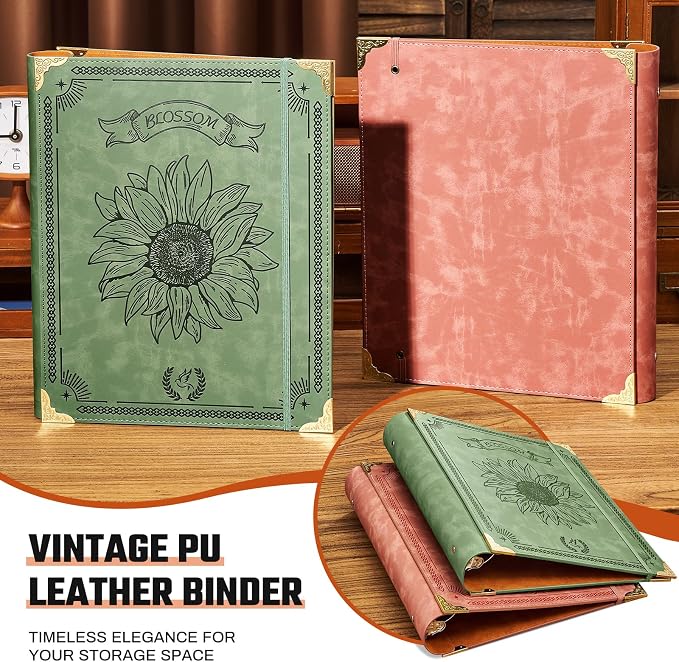 Ovesmusl Sunflower PU Leather 3 Ring Binder 2 Inch Fits 8.5"x11" Paper | 2 Inch Round Ring Binder Holds 500 Sheets, Notepad Paper Cover Loose Leaf Organizer, Pink