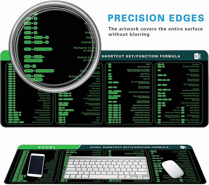 Excel Cheat Sheet Desk Pad, 31.5"x11.8", Waterproof Extra Large Excel Shortcut Mat with Stitched Edges, Anti-Slip Excel Mouse Pad for Office Desk, MS Excel/Word Shortcuts (Green Excel H)