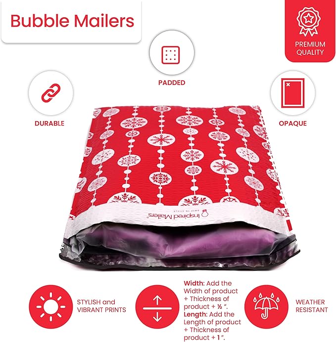 Bubble Mailers 12x15" - Red Snowflake Baubles (Writable Area) - 10 Pack - Large Padded Envelopes 12x15 - Poly Bubble Mailers Padded Mailers - Holiday Bubble Envelopes