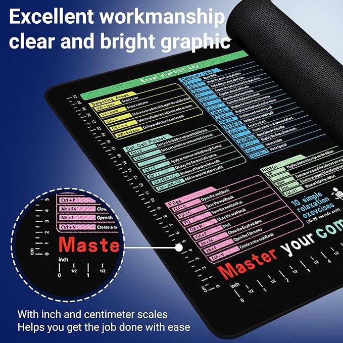 Excel Cheat Sheet Desk Pad 31.5x11.8-Large Waterproof Desk Mat with Inch Scale,Contain 12 Types of Common Skill in Excel&Word, Excel Shortcut Mousepad for Office Computer(Common Office Software 01)