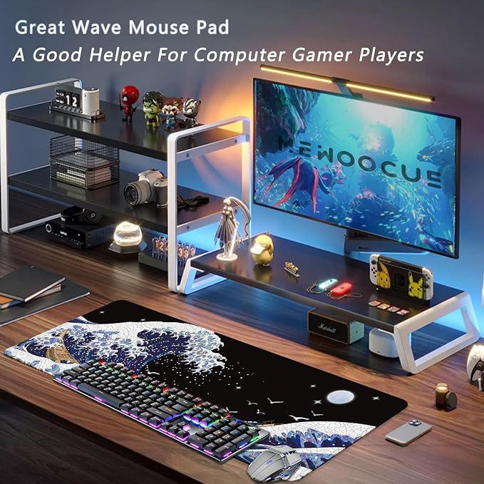 MEWOOCUE® Gaming Mouse Pad for Desk,Large Wave Mousepad Laptop,Black White Japanese Anime Mouse Mat,Long XXL Waterproof Keyboard Pads,Big Non-Slip Mousepads for Game Office Home（31.5 x 11.9 in）