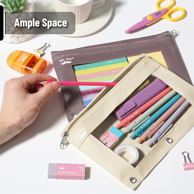 Mr. Pen- Pencil Pouch for 3 Ring Binder, 2 Pack, 10"x6.75", Smooth Zipper | Clear Window, Large Capacity Pencil Case with 3 Reinforced Grommets for School, Office, Supplies Storage | Clear Window, Large Capacity Pencil Case with 3 Reinforced Grommets f...