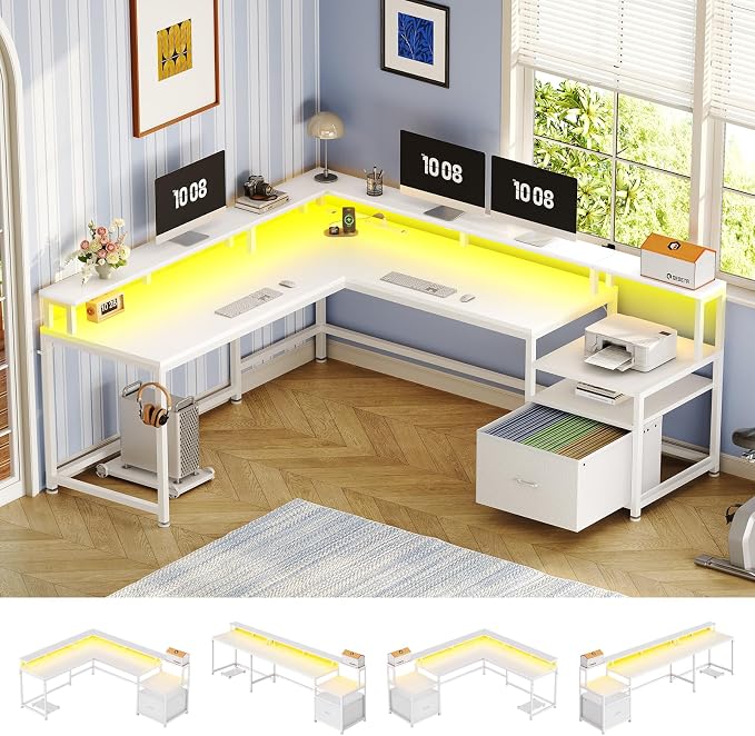 SEDETA 66" Reversible L Shaped Computer Desk with Power Outlet, File Drawer | Home Office Desk with Monitor Shelf, Storage Shelves, LED Lights for Corner Small Spaces, Gaming, White