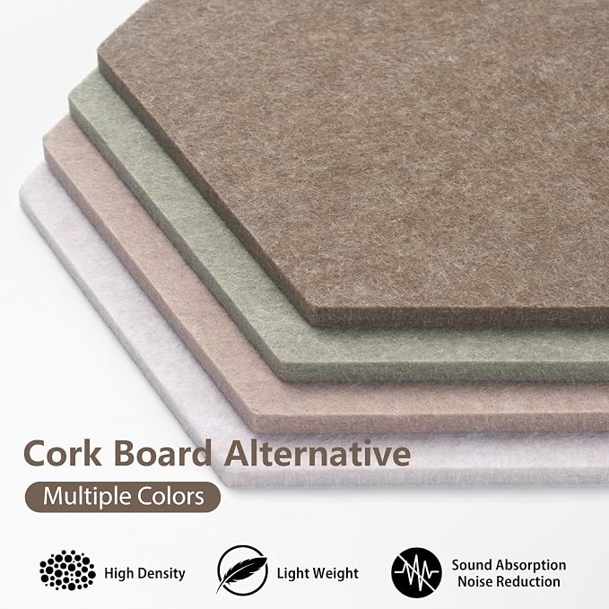 Hexagon Cork Board for Walls Decor, 8 Pack Felt Bulletin Board Tiles with 30 Pushpins, 50 Adhesive Tabs, 12" Pin Board Felt Board for Office & Home Classroom, Notes Photos and DIY Decor