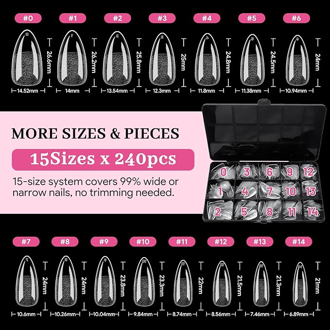 Medium Almond Pre-Building Nail Tips, 15 Sizes 240 PCS Pre-shaped Apex Clear Soft Press On Fake Nail Half Matte Gel Nail Extensions Strong Thick Acrylic Tip for DIY Beginners & Salon Manicure