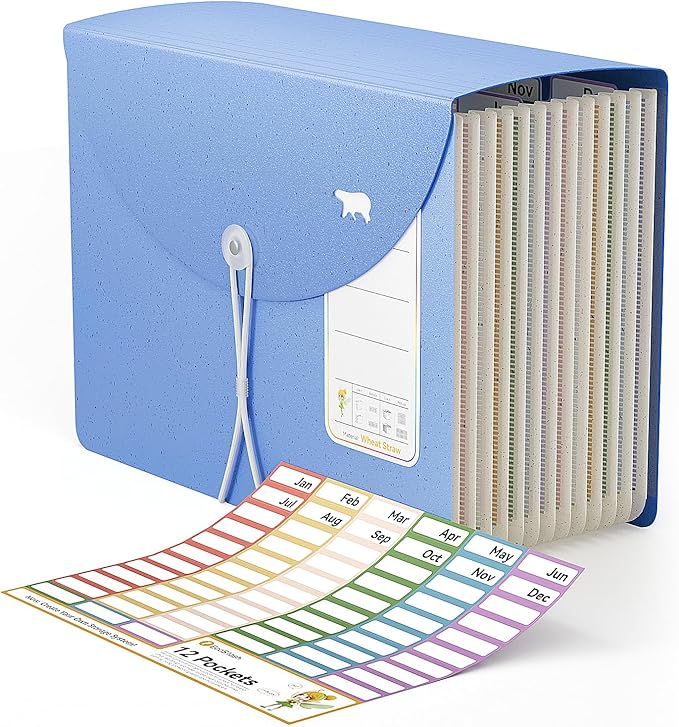 12-Pocket Wheat Straw Expanding File Folder, Adorable Polar Bear Cut-Out, Portable Monthly Bill & Tax Receipt Organizer, Letter/A4 Size -UN Blue Polar Bear