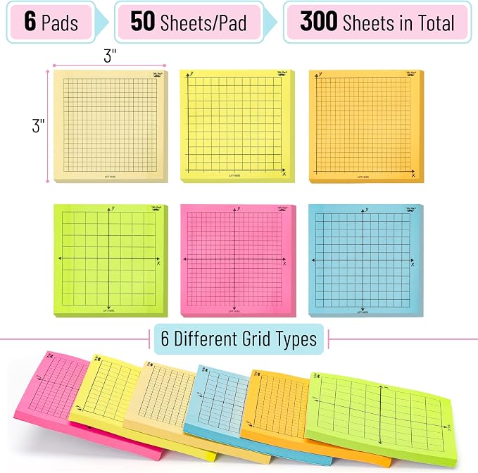Mr. Pen- Graph Sticky Notes, 3x3 Inch, 6 Pads, 50 Sheets/Pad, 300 Sheets | 6 Grid Designs, Bright Colors, Square Graph Paper Notes, Grid Sticky Note Pads for Math, Study, Journals, Planners