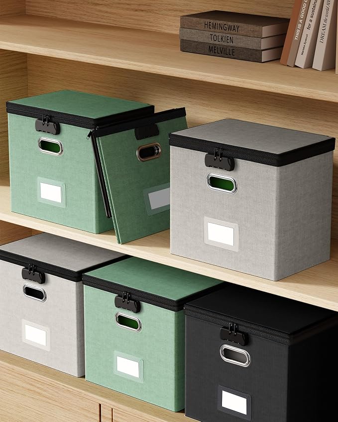 Lockable File Box Small 2-Pack Hanging Organizer for Letter-Size | Dustproof Lid. 3 Mesh Pockets. Collapsible Scratch-Resistant GRS Linen. Slide Rails. Office, Home, Dorm