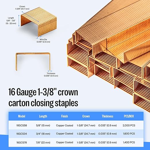 meite Carton Closing Staples 16 Gauge 1-3/8" Wide Crown Staple 5/8" Length Copper-Coated Box Staples for Pneumatic or Manual Staple Gun Cardboard Packaging, 20000PCS