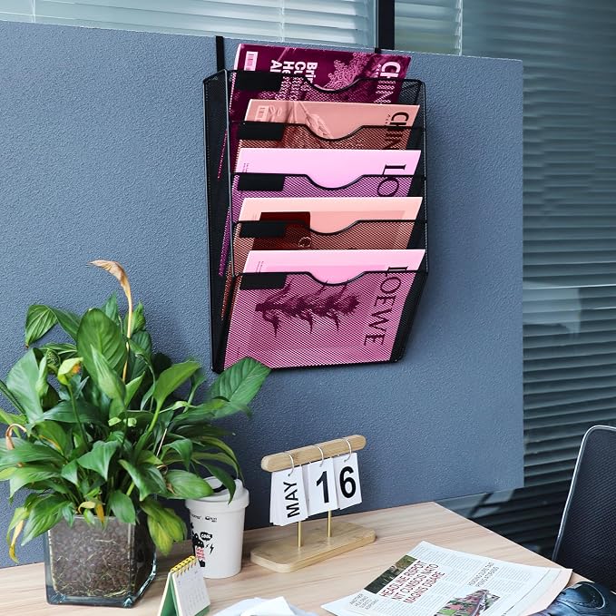 5 Pockets Mesh Wall File Holder Organizer Office Hanging File Folder Magazine Rack, Nametag Label Hooks Set Included (Black)