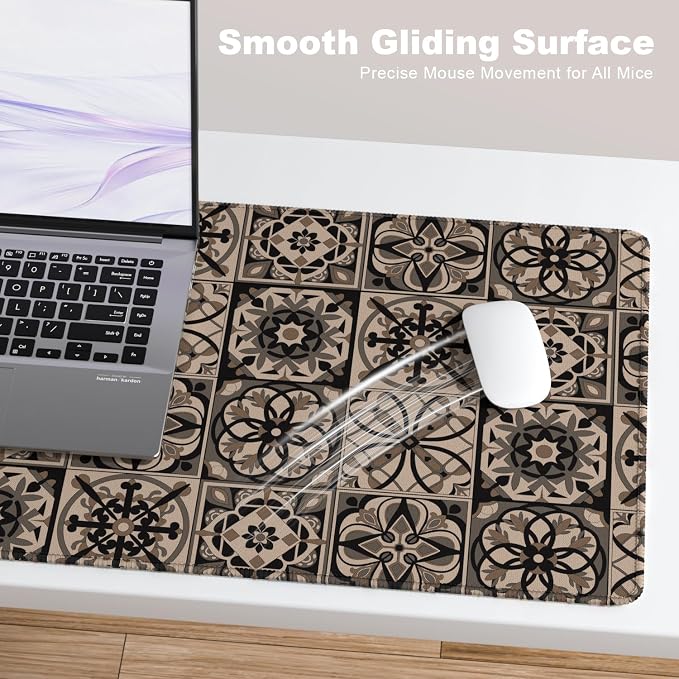 Desk Mat, Large Gaming Mouse Pad, 32" x 12", Boho Moroccan Tile | Waterproof Desk Pad, Non-Slip Rubber Base, Desktop Mat with Stitched Edges, Desk Accessories for Office, Work, Home