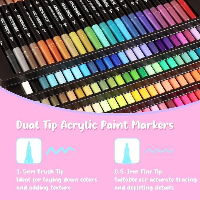 120 Colors Acrylic Paint Markers, Dual Tip Fine Tip and Brush Tip Pens Contain 24 Metallic Color for Stone, Wood, Calligraphy, Canvas, Ceramic, Metal, Glass, Rock Painting, DIY Crafts
