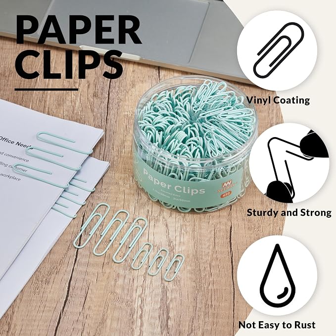NEEWAY 450pcs Paper Clips Assorted Sizes, Small and Large Paper Clips (1.1 inch, 2 inch), Coated Paperclips for Office School Document Organizing (Light Green)