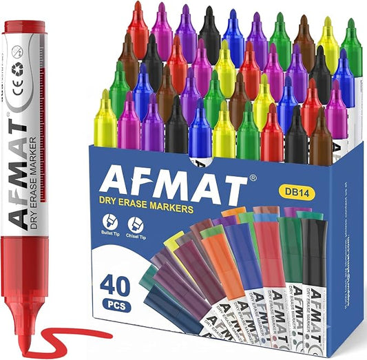 AFMAT Dry Erase Markers, 3x High Capacity, Liquid Bullet Tip Whiteboard Markers with Visible Ink Level, Low Odor Erasable Markers for Teachers, Classroom Essentials, Office Supplies[8 Colors, 40 Pack]