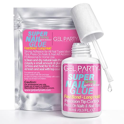 GELPARTY Super Strong Brush On Nail Glue for Press On Nails & Tips - Quick Dry Clear Acrylic Nail Adhesive (8ml) - Long Lasting Salon Bond for Fake Nails & Broken Nail Repair - Mess-Free Application
