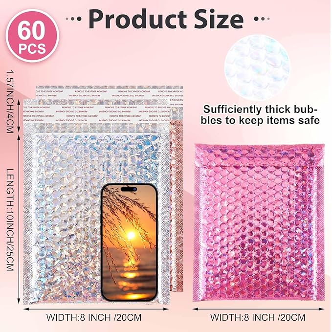 Henoyso 60 Pcs 8 x 11.5 Inch Holographic Bubble Mailers Metallic Padded Envelopes Self Seal Waterproof Shipping Bags Thick Cushioning Mailers for Book Clothes Makeup Jewelry, Silver, Pink, Rose Pink