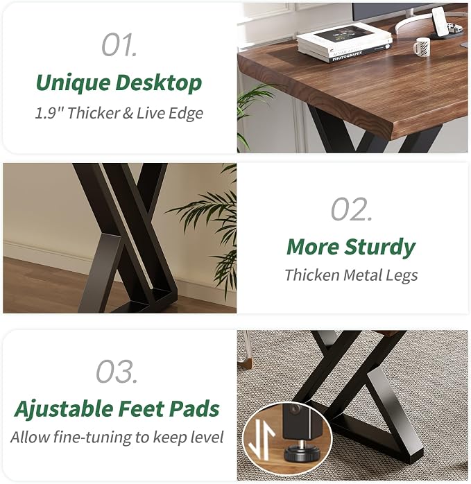 Solid Wood Desk 63 Inches, Live Edge Wooden Home Office Computer Desk Metal Frame Modern Simple Design Executive Real Wood Desk for Writing Study Dining Gaming