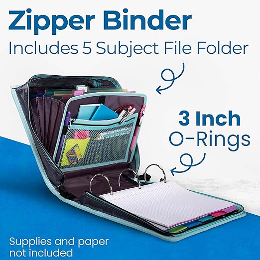 Case-it School Zipper Binder | 3" O-Rings | 600-Sheet | D-146 Light Blue | Mighty Zip Tab, 5-Color Tab Expanding File Folder, Multiple Pockets, Shoulder Strap, Daisy Design, Office
