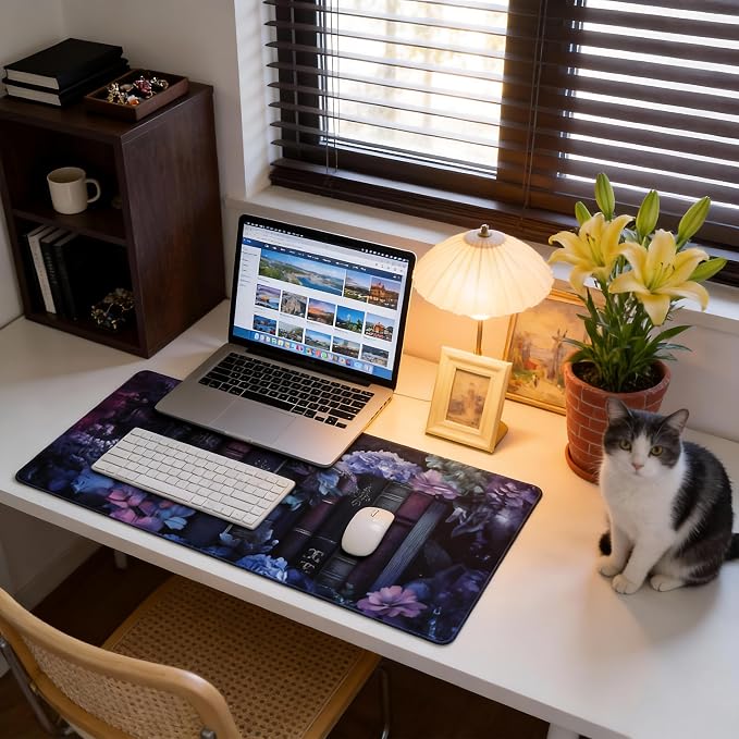 Floral Aesthetic Book Gaming Mouse Pad, Purple Dark Romanticism Desk Mat with Anti-Slip Base & Stitched Edges, Office Supplies & Desk Decor for Women, 35.4" x 15.7" in Home Office Essentials