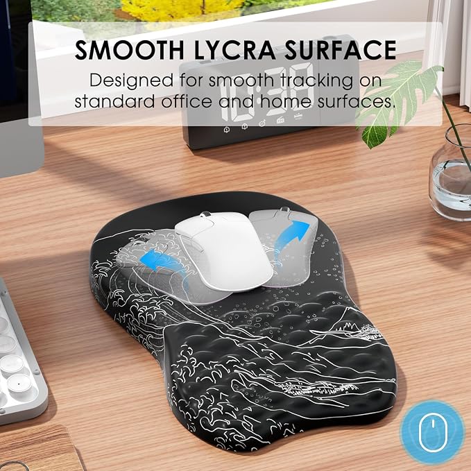 MROCO Ergonomic Mouse Pad with Wrist Support, 11.8 x 7.8 in, Black Kanagawa | Memory Foam Wrist Rest Mouse Pad, Non-Slip Base, Smooth Lycra Surface for Office & Home, Comfortable Wrist Support