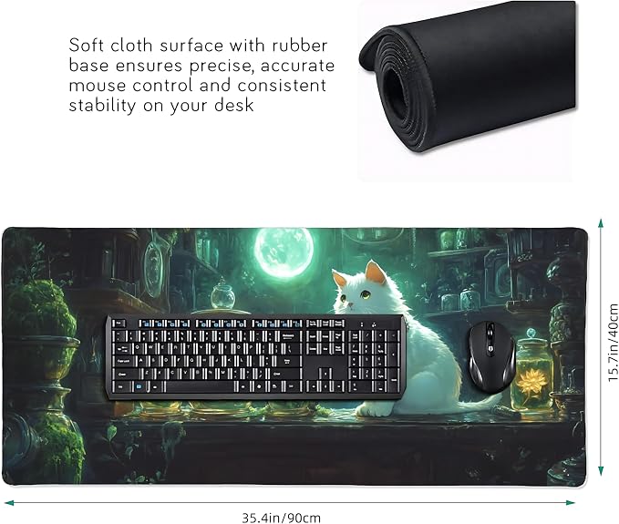 Cute Anime White Cat Gaming Mouse Pad, Forest Green Mystical Desk Mat with Anti-Slip Base & Stitched Edges, Office & Home Desk Decor for Women, 35.4" x 15.7" in Computer Desktop Mat