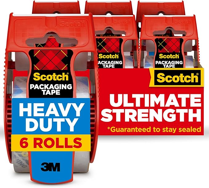 Scotch Heavy Duty Shipping Packing Tape, Clear, Packing Tape for Moving Boxes and Packaging Supplies, 1.88 in. x 22.2 yd., 6 Roll Dispensers, Moving Supplies