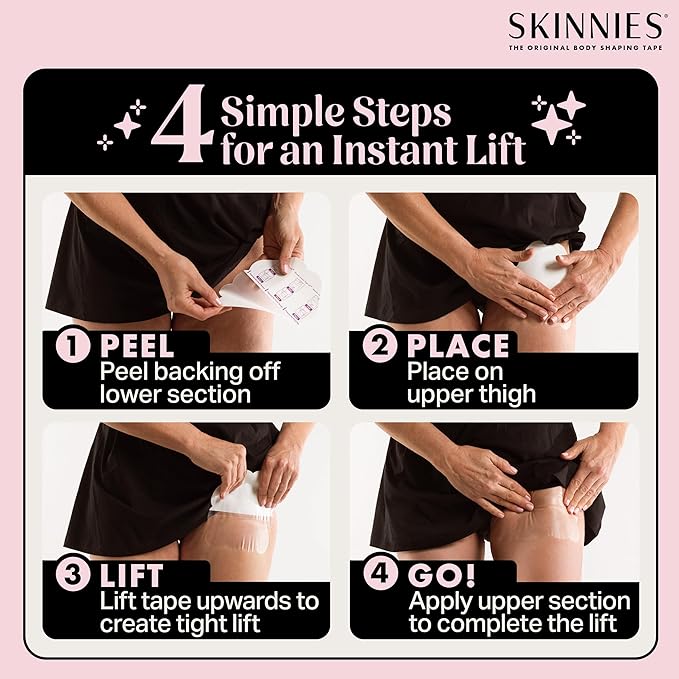 Skinnies Instant Thigh Lift Tape - Patented & Made in USA - Clear Adhesive Strips Instantly Lift Loose Skin and Smooth Cellulite - Sweatproof and All-Day Wear Body Tape for Women - 5 Pairs