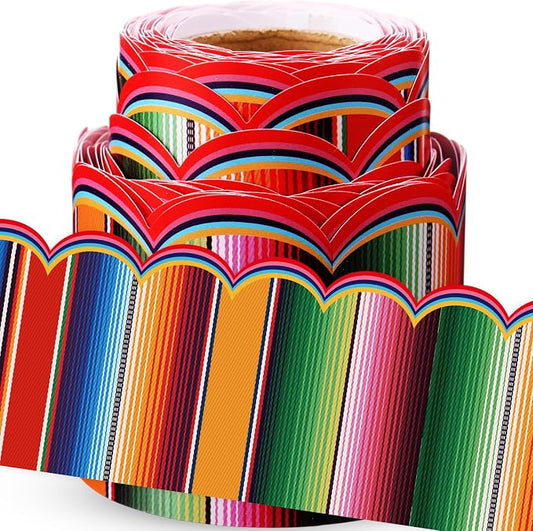 32.8 Ft Mexican Bulletin Board Borders Spanish Striped Scalloped | Serape Rainbow Striped Borders for Classroom, Hispanic Heritage Month Fiesta Displays, School Office Party Decoration