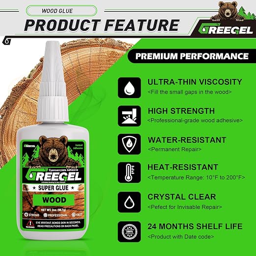 Wood CA Glue, Clear Super Glue for Woodworking & Repairs, 4 oz | All-purpose Clear cyanoacrylate adhesive for wood finishing and repairs, Strong bonding on plastic, glass, ceramic & more.