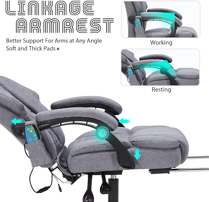 Massage Office Chair with Heat,Reclining Office Chair with Foot Rest,6 Points Vibration Home Desk Chairs for Heavy People 400lbs,Ergonomic Managerial Executive Chair (Grey)