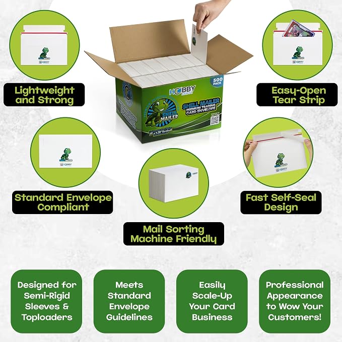 Shell Mailer Trading Card Envelopes for Shipping, Card Mailers - 500 Pack | Perfect Fit for Semi-Rigids & Toploaders, Sides Glued Flat for Sorting Machines, Premium Material, Customized Protective Flap