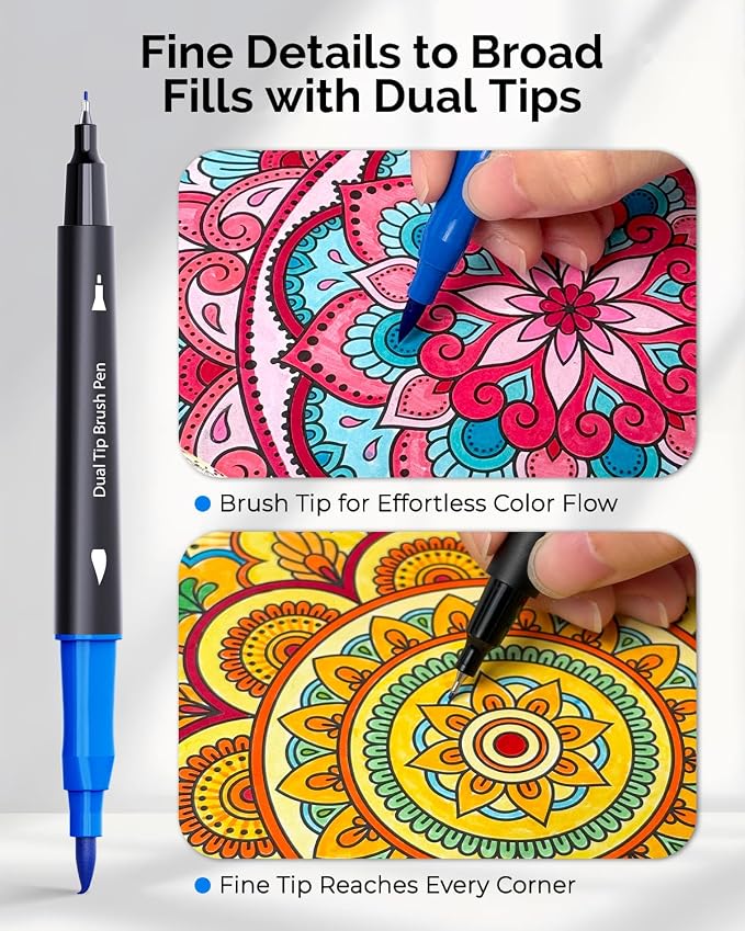 JusArt Markers for Adult Coloring Books No Bleeding 80 Colors | Dual Tip, Triangle Grip, Fine & Brush Tips, Water-Based, 33% More Ink, With 200gsm Coloring Book, Storage Case, 6 Spare Tips