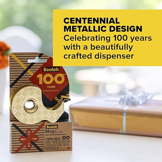 Scotch 100-Year Anniversary Limited Edition Gold Tape Dispensers, Includes 12 Rolls of Scotch Magic Tape (3/4 in x 550 in, 66% Plant-Based Adhesive), Refillable, 6 Dispenser Pack
