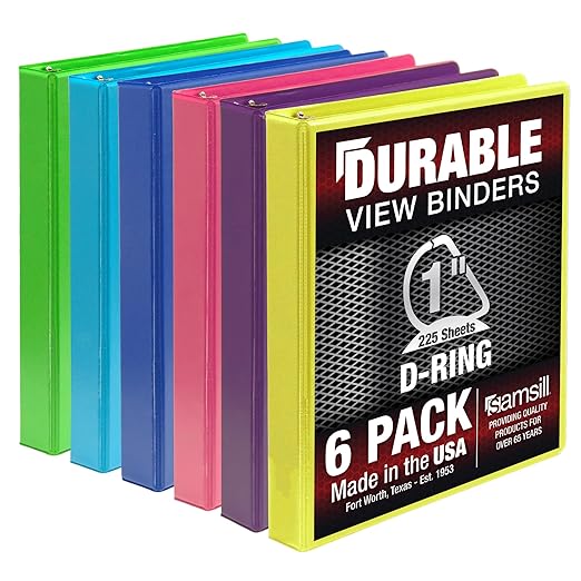 Samsill Durable 1 inch 3 Ring Binder, D Ring Binder, 100% Recycled Chipboard, Island Assortment, 6 Pack