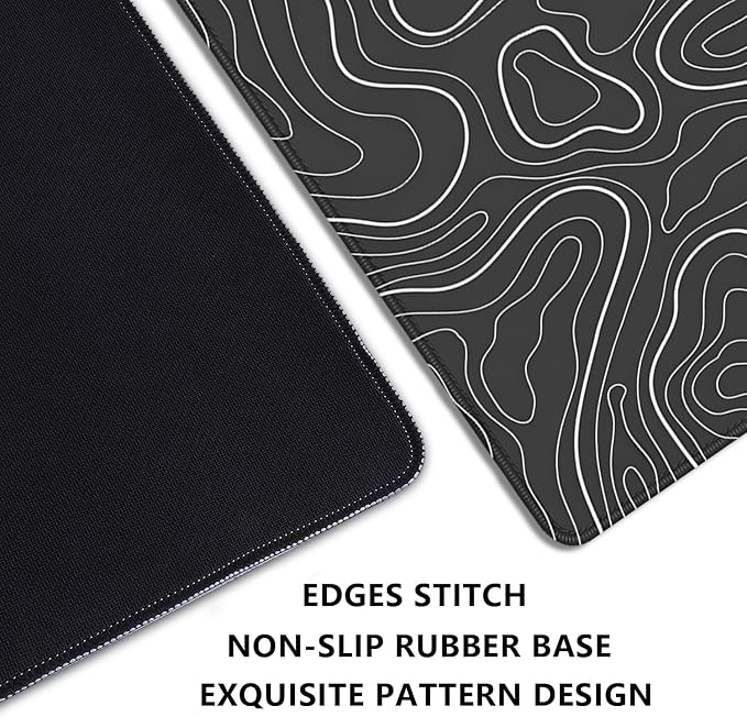 Black Topographic Mouse Pad,Gaming Desk Pad with Stitched Edges Non-Slip Rubber Base Extended XL Mousepad Big Desk Mat for Office Home Work(27.5X11.8 Inch)