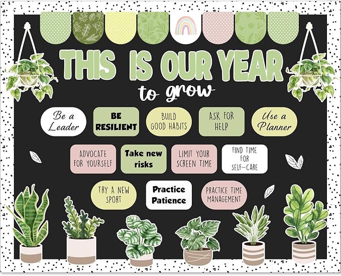 55Pcs This is Our Year to Grow Bulletin Board Decorations, Boho Classroom Decor Greenery Plant Inspirational Cutouts Welcome Back to School Bulletin Board for Teacher Supplies Office Door Wall Decor