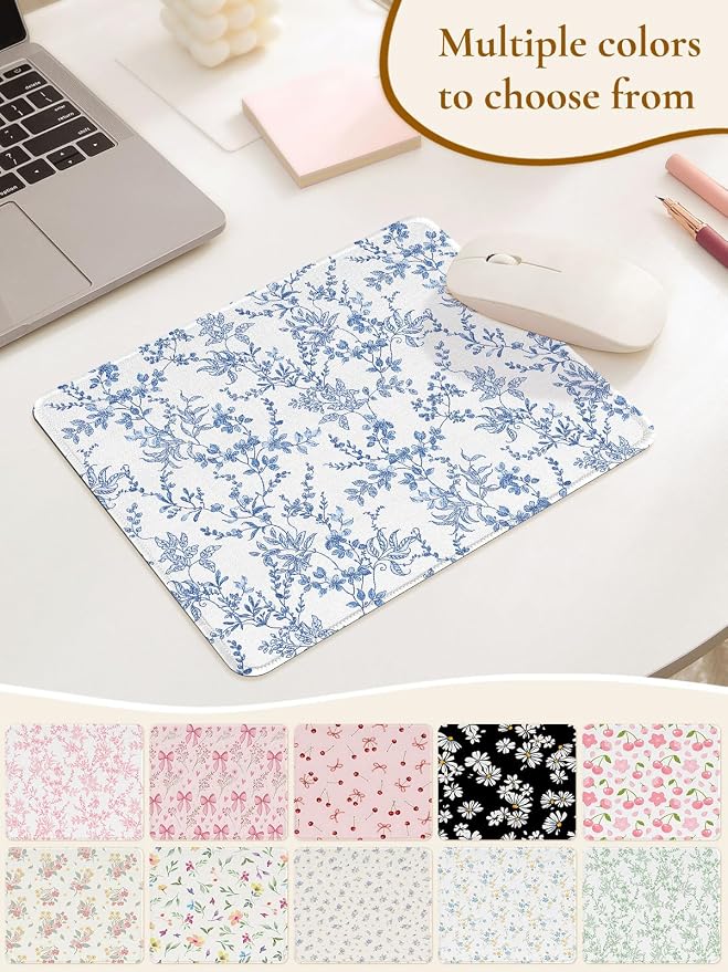 Elegant Blue Flowers Mouse Pad, Waterproof Aesthetics Floral Mouse Pads Design, Non-Slip Rubber Base Computer Simple Funny Mousepad,Small Mouse Mat Desk Accessories Office Supplies