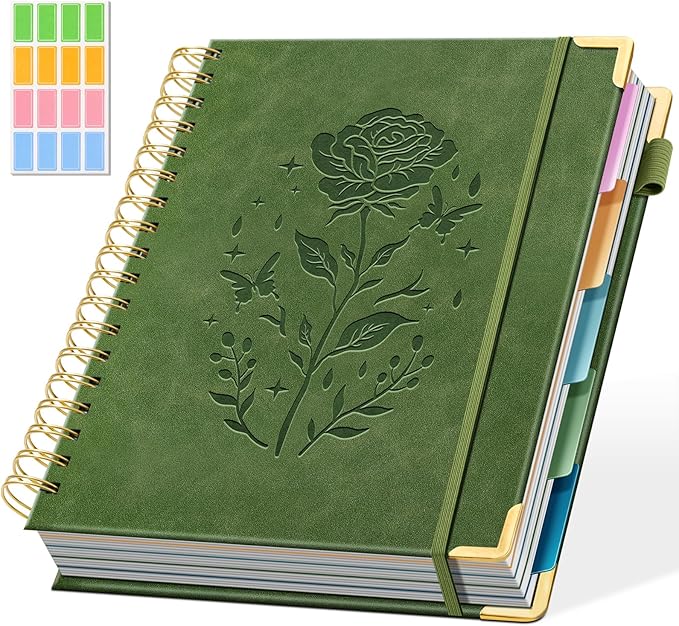 Hardcover Spiral Notebook with 5 Removable Dividers Tabs 300 Pages Leather 5 Subject Notebook College Ruled 8"x10" Large B5 Notebooks for Work School Note taking Lined Journal for Women, Green