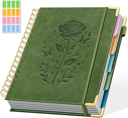 Hardcover Spiral Notebook with 5 Removable Dividers Tabs 300 Pages Leather 5 Subject Notebook College Ruled 8"x10" Large B5 Notebooks for Work School Note taking Lined Journal for Women, Green