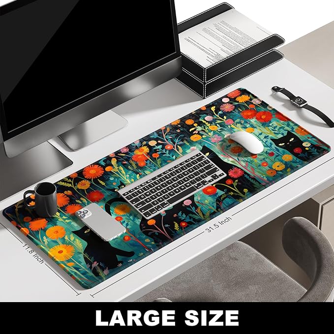 BOSOBO Large Desk Mat, XXL Gaming Mouse Mat, Full Cover Desktop 31.5 x 11.8 Inches, Black Cat GreenFolwers