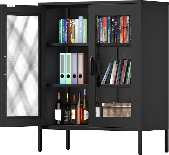 Washsemba Metal Storage Cabinet with Mesh Doors and Shelves,Multipurpose Storage Rack, 3-Tier Office Cabinet,Metal Locker Style Accent for Home Office,Living Room,Kitchen (Black-mesh, 40''H)
