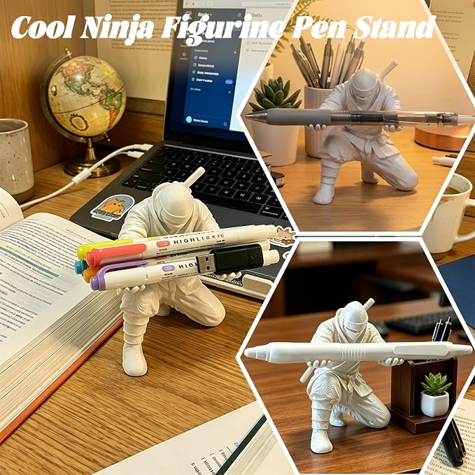 3D Printed Ninja Pen Holder - Cool Ninja Figurine Pen Stand, Decorative Desk Organizer for Office & Home (white)