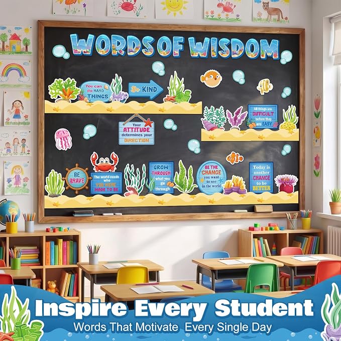 Qilery Ocean Bulletin Board Under the Sea Motivational Classroom Decor | Words of Wisdom Inspirational Cutouts, Back to School Teacher Supplies, Positive Affirmation Wall Decor