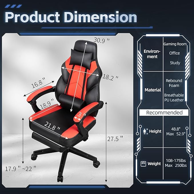 Gaming Chairs for Adults, Computer Chair with Footrest, High Back, Big and Tall Gamer Chair‘s with Massage Lumbar Support, 360° Swivel Height Adjustable Computer Chaires, Dark Red